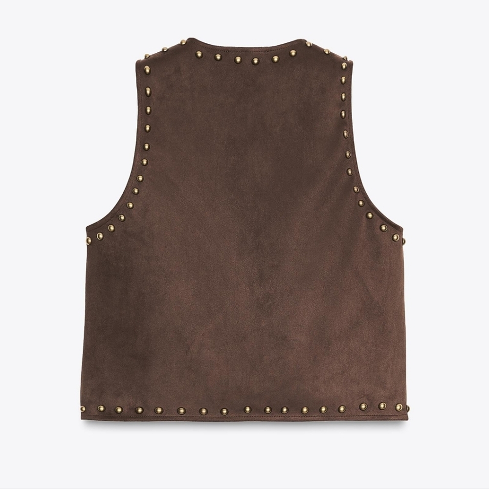 ZARA CHOCOLATE/BROWN STUDDED FAUX SUEDE VEST ✨️✨️✨️ - Picture 7 of 8